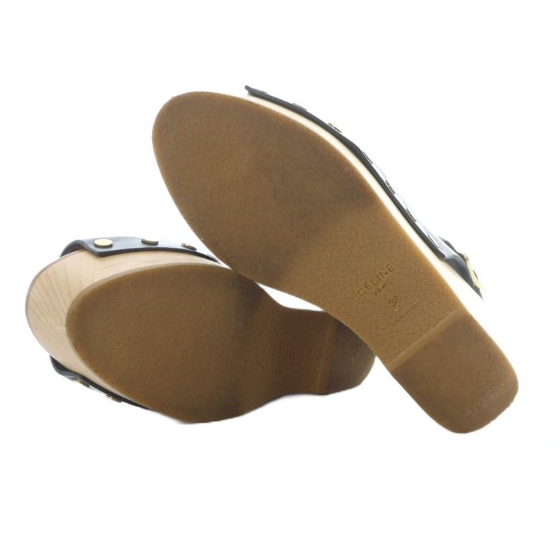 Celine Wood Sole Sandals 38 Black Strap Thick Ri OS — view 6