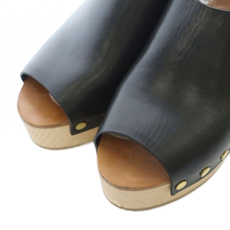 Celine Wood Sole Sandals 38 Black Strap Thick Ri OS — view 3