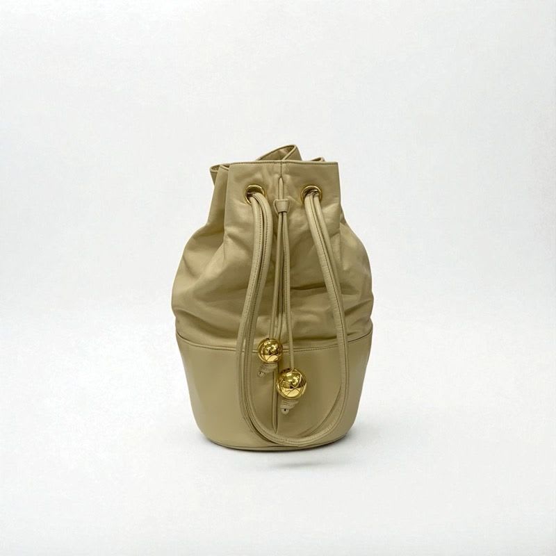 Chanel Bag Shoulder Lambskin Beige Gold Pouch Drawstring