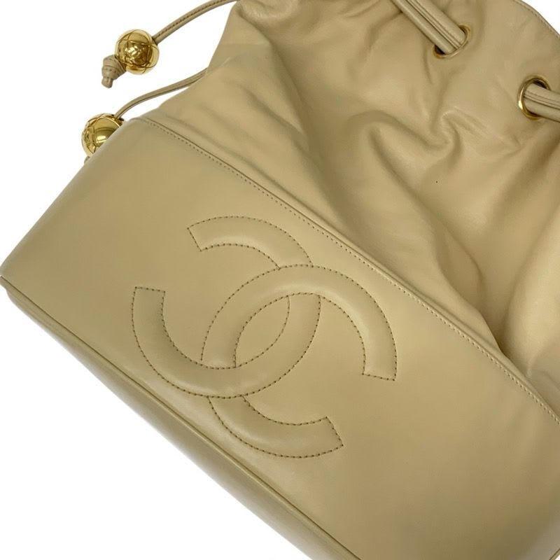 Chanel Bag Shoulder Lambskin Beige Gold Pouch Drawstring