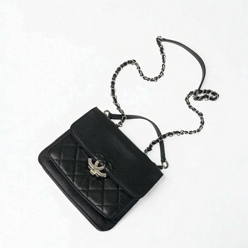 Chanel Bag Shoulder Caviar Leather Black Silver Quilted Half