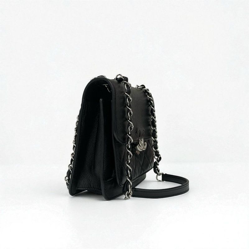 Chanel Bag Shoulder Caviar Leather Black Silver Quilted Half