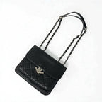 Chanel Bag Shoulder Caviar Leather Black Silver Quilted Half