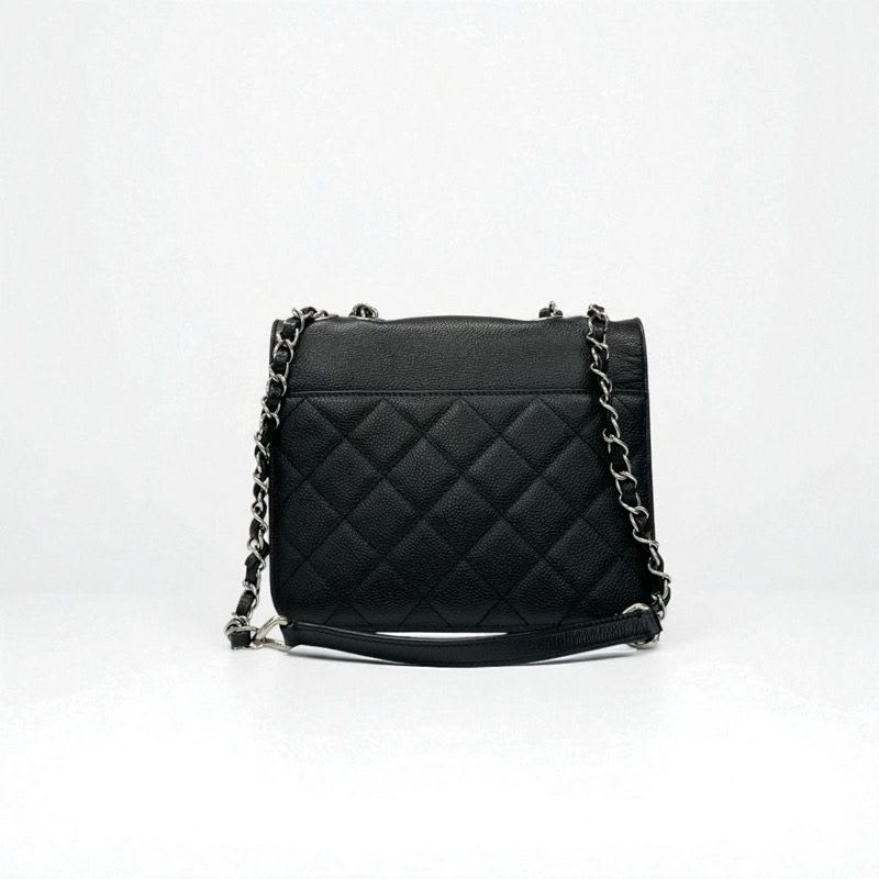 Chanel Bag Shoulder Caviar Leather Black Silver Quilted Half