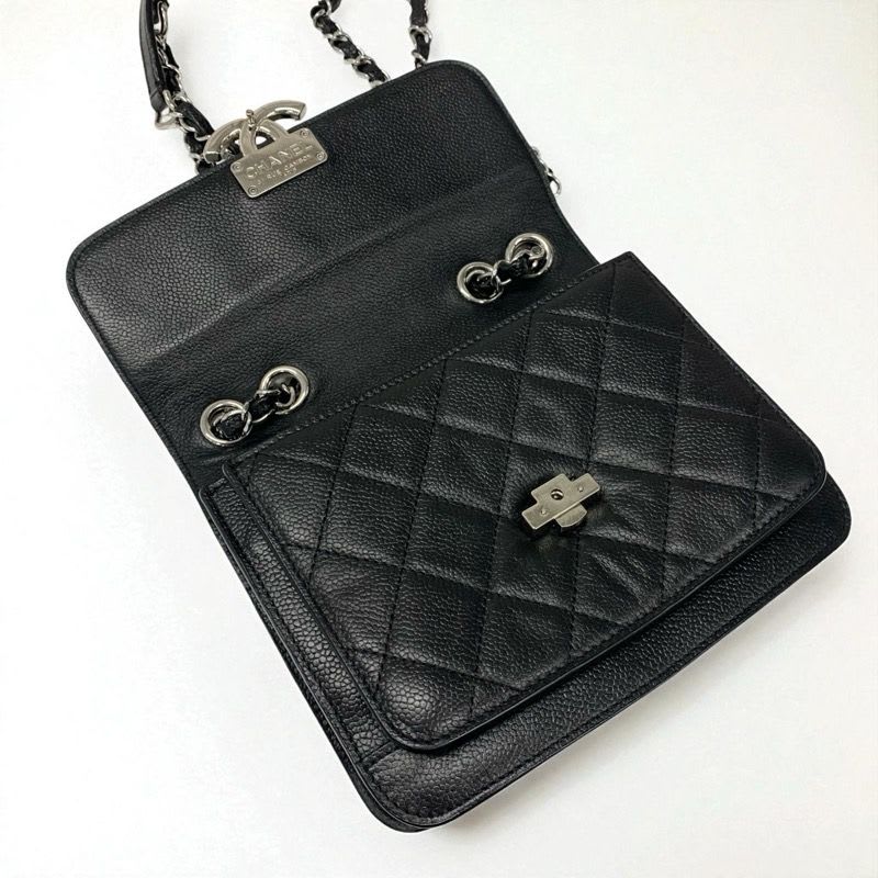 Chanel Bag Shoulder Caviar Leather Black Silver Quilted Half