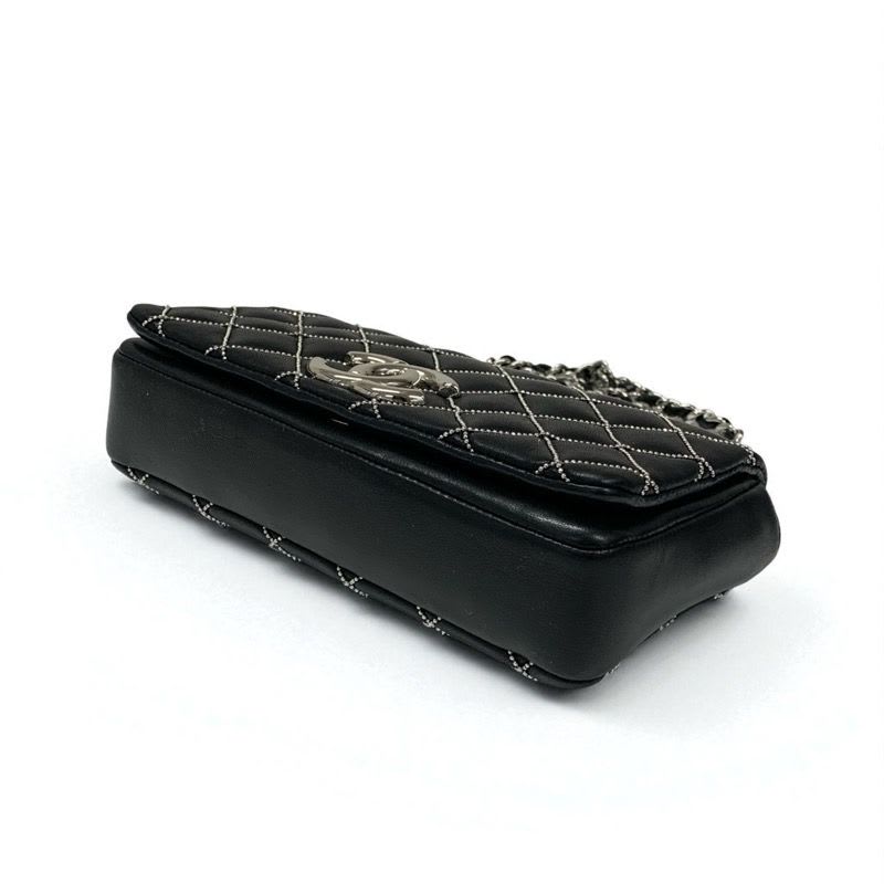 Chanel Bag Shoulder Leather Black Silver Mini Quilted Single