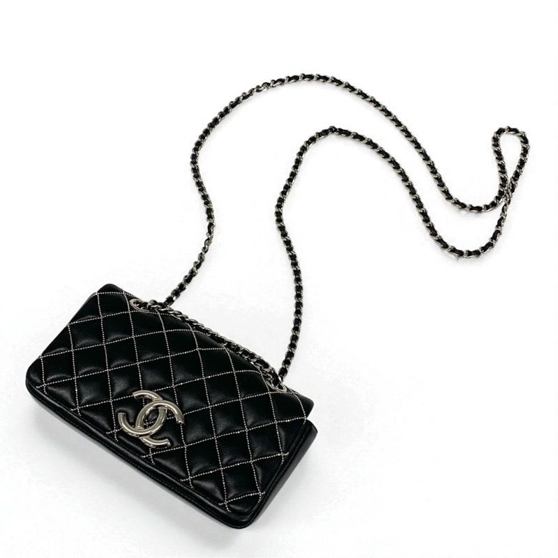 Chanel Bag Shoulder Leather Black Silver Mini Quilted Single