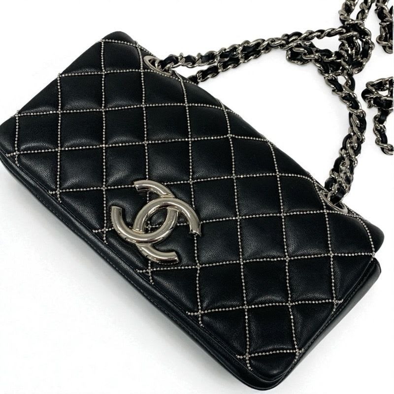 Chanel Bag Shoulder Leather Black Silver Mini Quilted Single