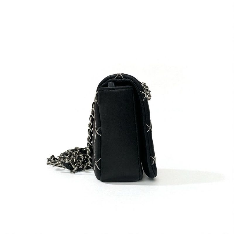 Chanel Bag Shoulder Leather Black Silver Mini Quilted Single