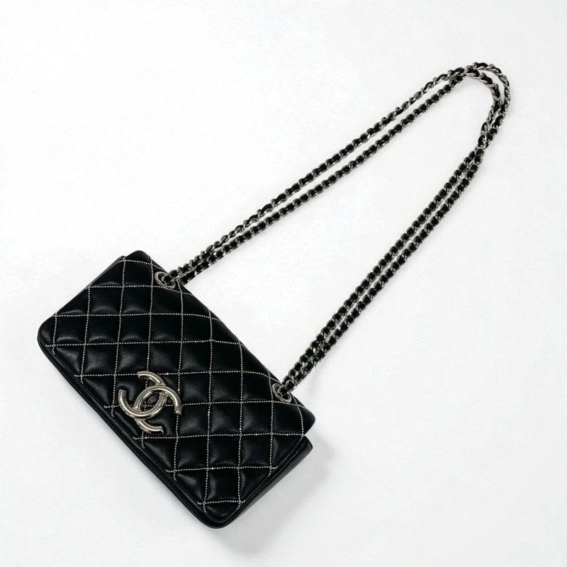 Chanel Bag Shoulder Leather Black Silver Mini Quilted Single