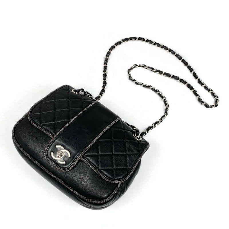 Chanel Bag Shoulder Lambskin Black Silver Quilted Turnlock