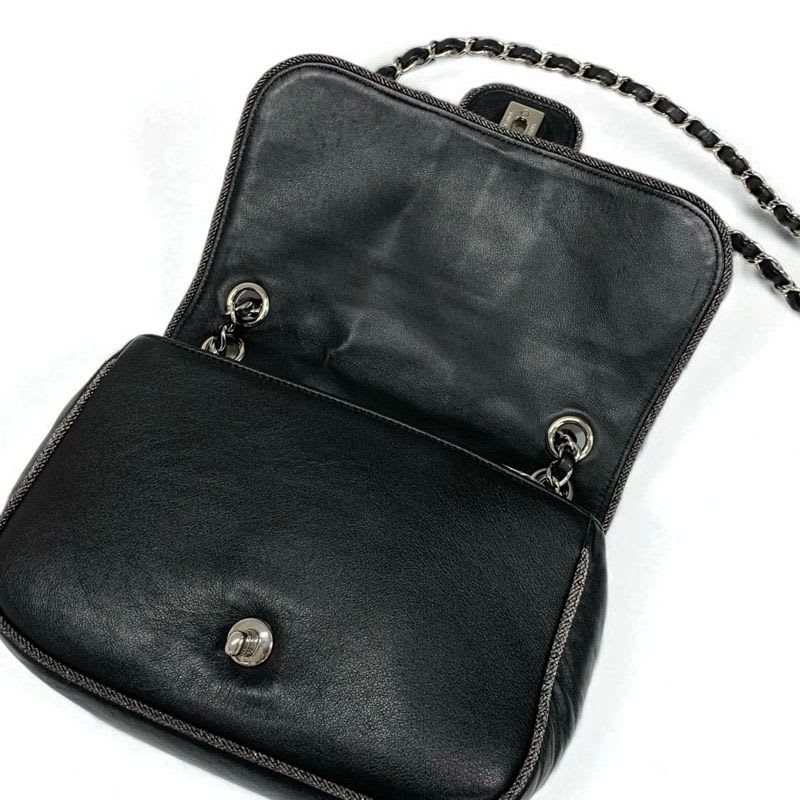 Chanel Bag Shoulder Lambskin Black Silver Quilted Turnlock