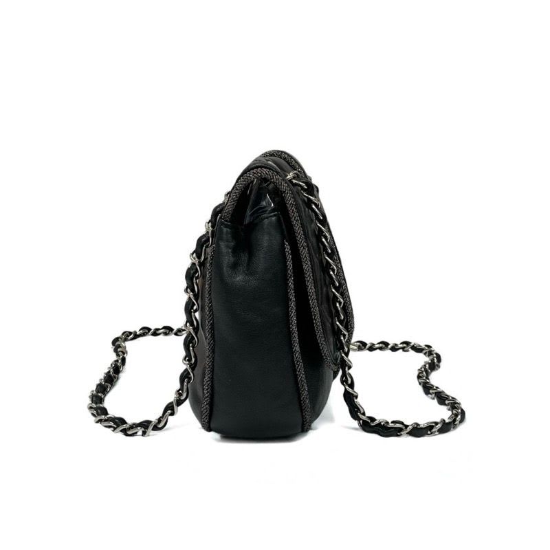 Chanel Bag Shoulder Lambskin Black Silver Quilted Turnlock