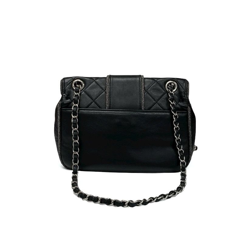 Chanel Bag Shoulder Lambskin Black Silver Quilted Turnlock