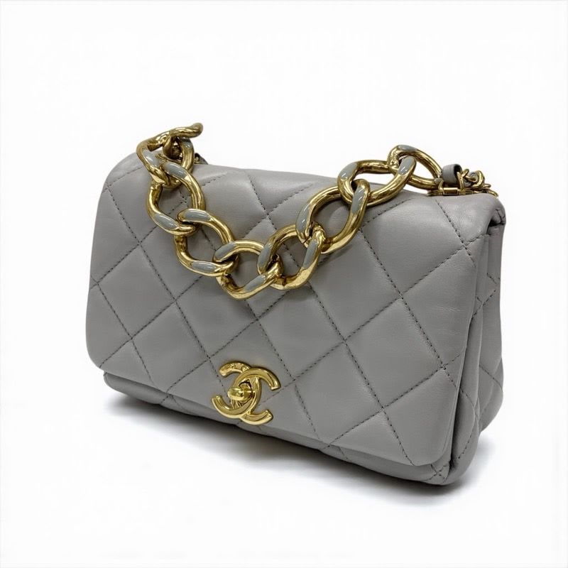 Chanel Bag Shoulder Gray Gold Mini Quilted Lambskin Turnlock