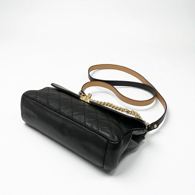 Chanel Bag Shoulder Leather Black Gold Quilted Turn Lock Double