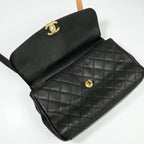 Chanel Bag Shoulder Leather Black Gold Quilted Turn Lock Double