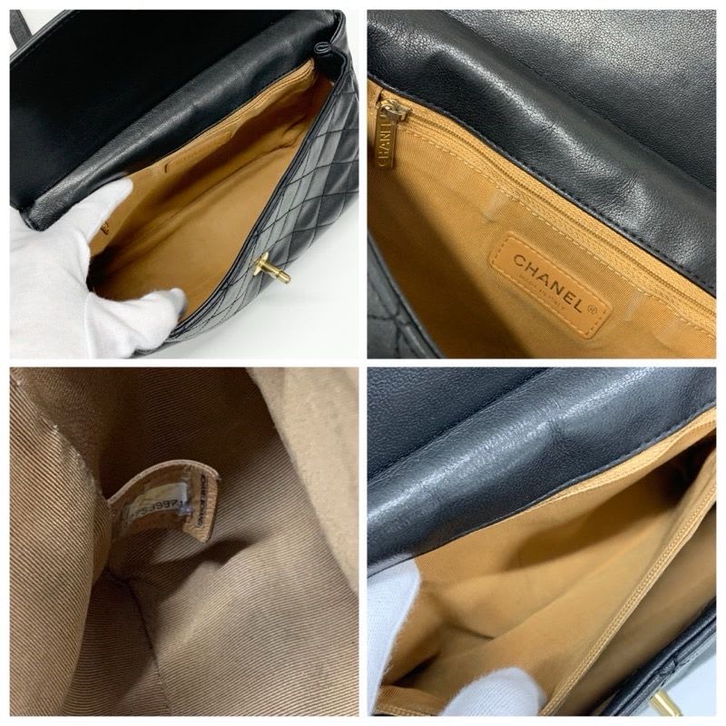 Chanel Bag Shoulder Leather Black Gold Quilted Turn Lock Double