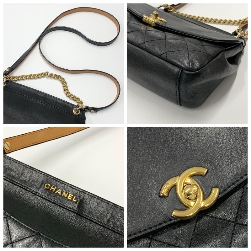 Chanel Bag Shoulder Leather Black Gold Quilted Turn Lock Double