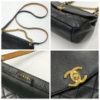 Chanel Bag Shoulder Leather Black Gold Quilted Turn Lock Double