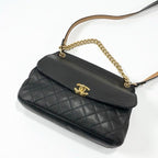Chanel Bag Shoulder Leather Black Gold Quilted Turn Lock Double