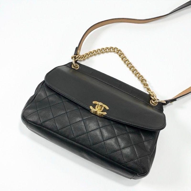 Chanel Bag Shoulder Leather Black Gold Quilted Turn Lock Double