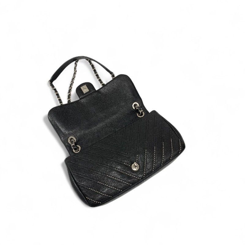 Chanel Bag Shoulder Black Silver Turnlock Single Flap Double