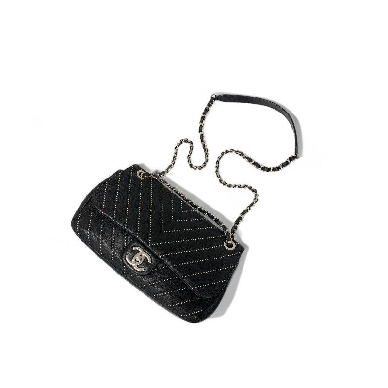 Chanel Bag Shoulder Black Silver Turnlock Single Flap Double