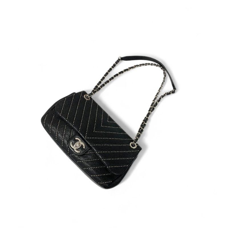 Chanel Bag Shoulder Black Silver Turnlock Single Flap Double