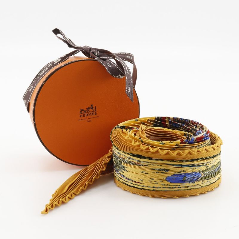 Hermes Pleated Carre Les Tambours Tambour Drum Silk Orange Scarf — view 8