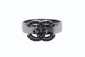 Chanel CC Logo Ring Rhinestone Metal Silver Black