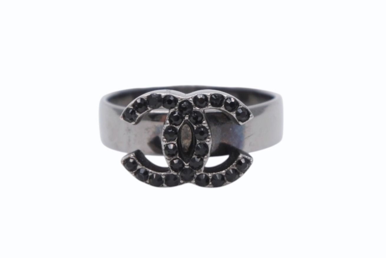 Chanel CC Logo Ring Rhinestone Metal Silver Black