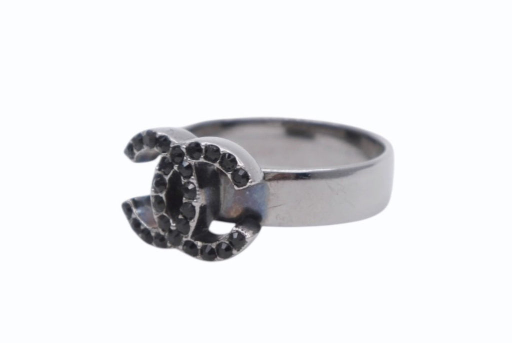 Chanel CC Logo Ring Rhinestone Metal Silver Black — view 2