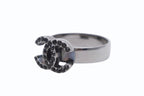 Chanel CC Logo Ring Rhinestone Metal Silver Black — view 2