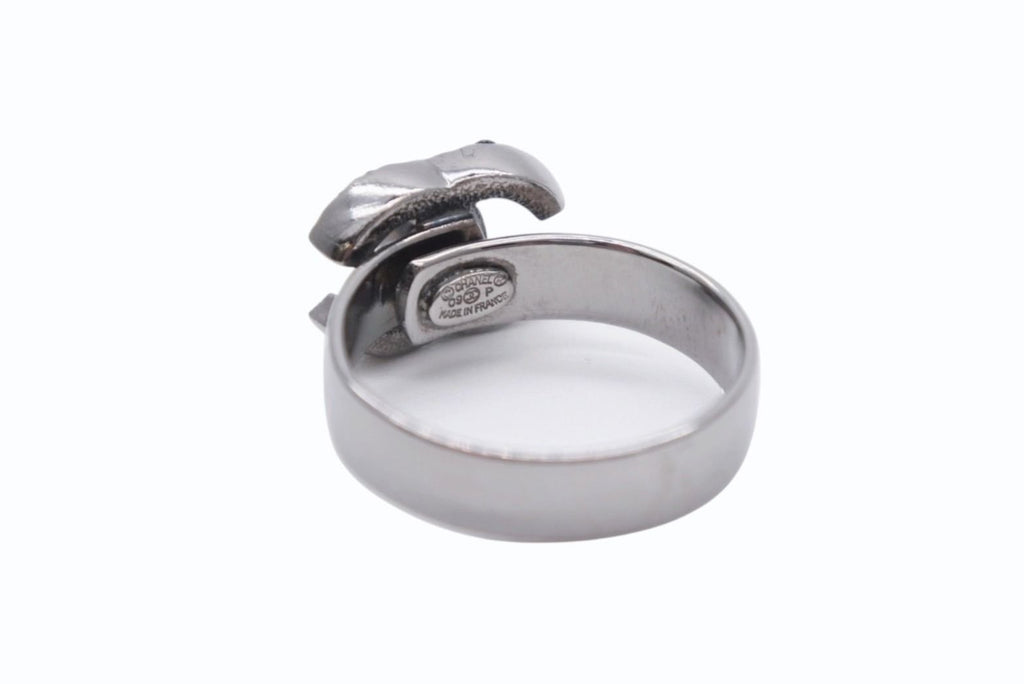 Chanel CC Logo Ring Rhinestone Metal Silver Black — view 4