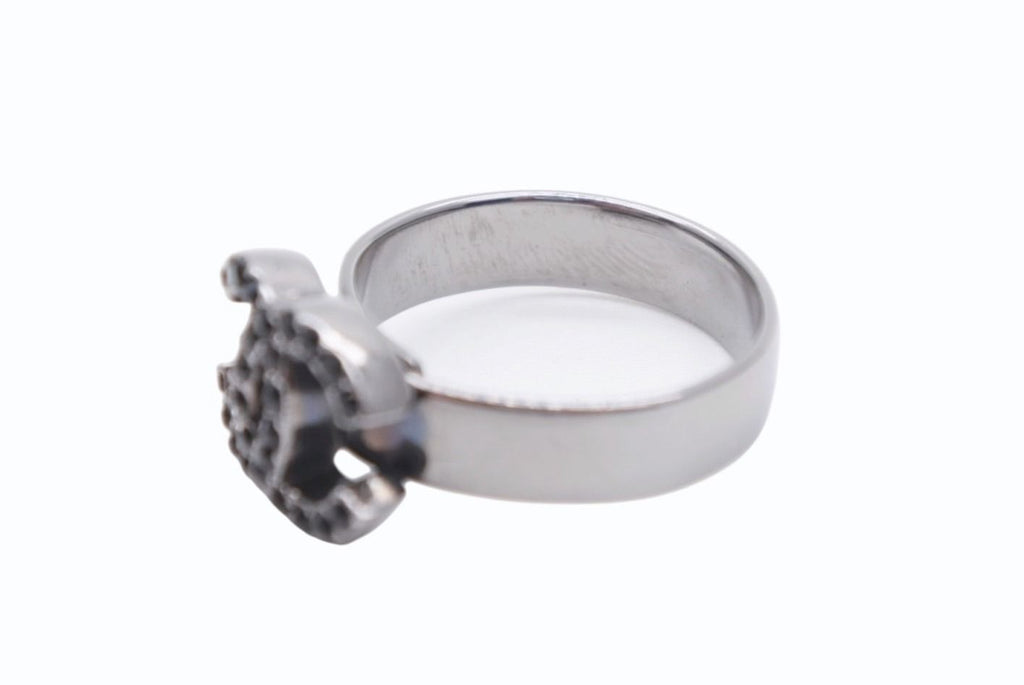 Chanel CC Logo Ring Rhinestone Metal Silver Black — view 6