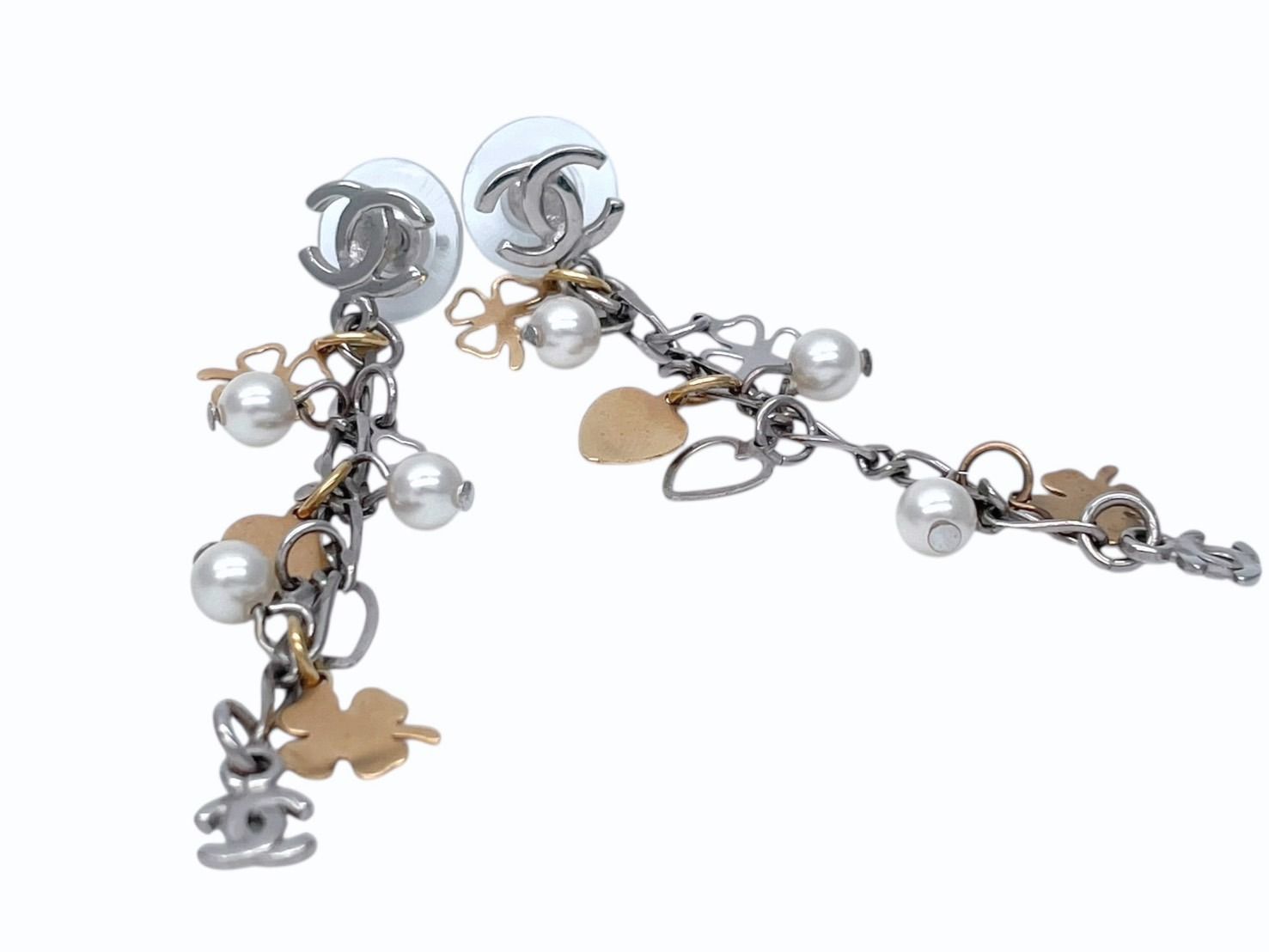 Chanel Drop Earrings 06 CC Logo Clover Heart Faux Pearl
