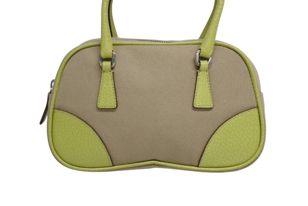 Prada Mini Boston Bag Triangle Logo Leather Canvas Beige Green — view 2