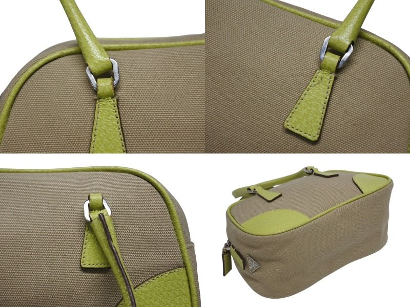 Prada Mini Boston Bag Triangle Logo Leather Canvas Beige Green — view 6