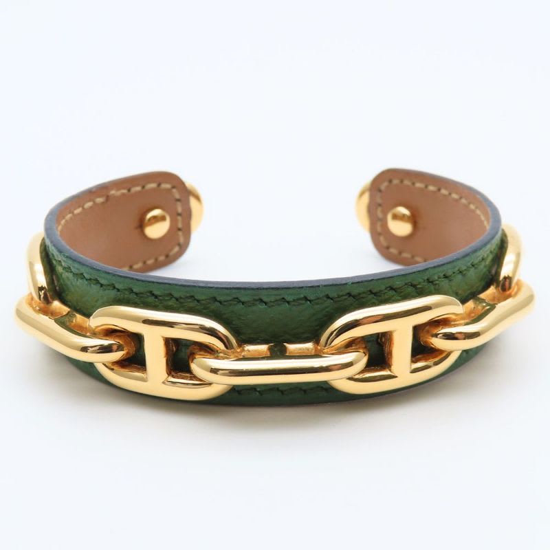 Hermes Bangle Chaine D'ancre Leather Metal Green Gold Plated GP Accessory — view 3