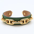 Hermes Bangle Chaine D'ancre Leather Metal Green Gold Plated GP Accessory — view 3