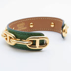 Hermes Bangle Chaine D'ancre Leather Metal Green Gold Plated GP Accessory — view 4