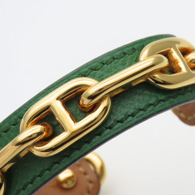 Hermes Bangle Chaine D'ancre Leather Metal Green Gold Plated GP Accessory — view 8