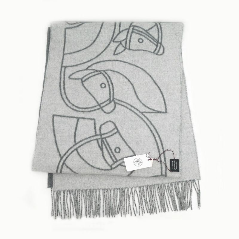 Hermes Muffler Entrelac Equestre Gray 100% Cashmere Fringe Accessori Scarf — view 4