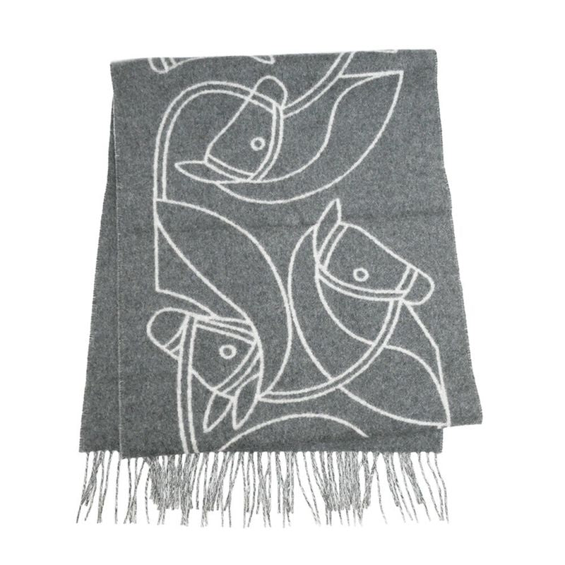 Hermes Muffler Entrelac Equestre Gray 100% Cashmere Fringe Accessori Scarf — view 2