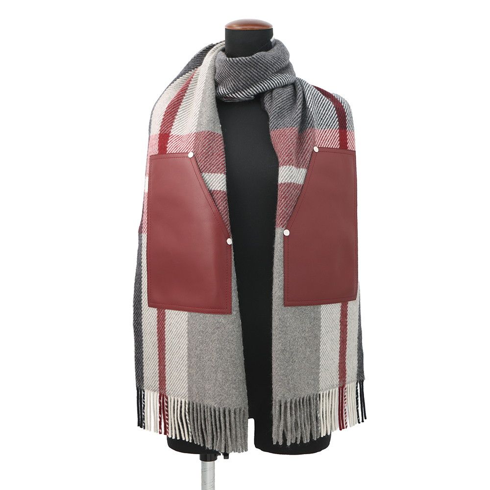Hermes Scarf Tartan Pocket Cuirelle Applique Cashmere Shawl Gray Marine Rouge Ash — view 3