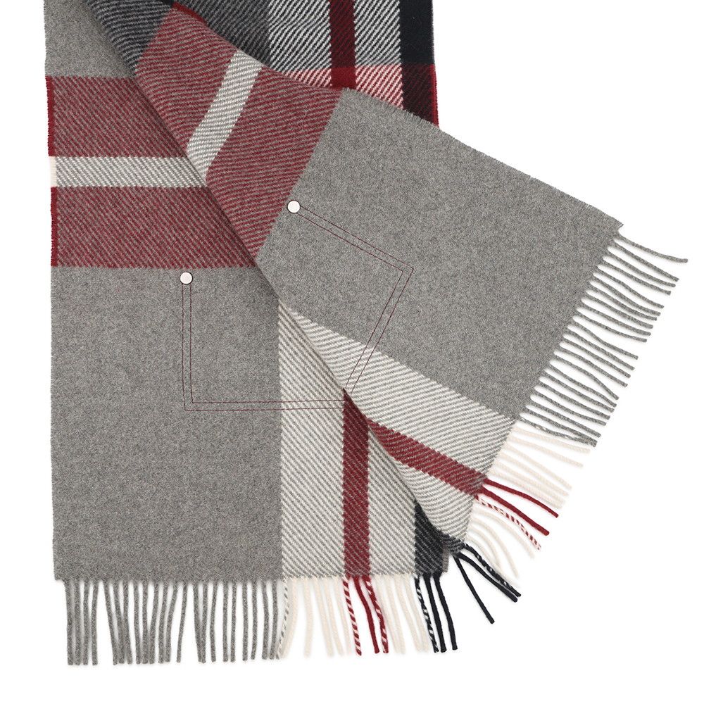 Hermes Scarf Tartan Pocket Cuirelle Applique Cashmere Shawl Gray Marine Rouge Ash — view 2