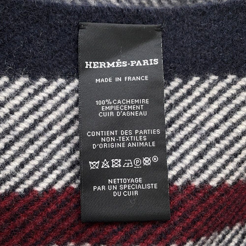 Hermes Scarf Tartan Pocket Cuirelle Applique Cashmere Shawl Gray Marine Rouge Ash — view 7