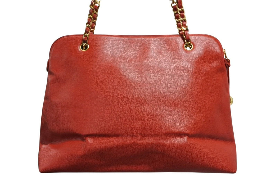 Chanel Chain Shoulder Tote Bag Caviar Leather Big CC Logo Coco Ball Red Gold — view 3