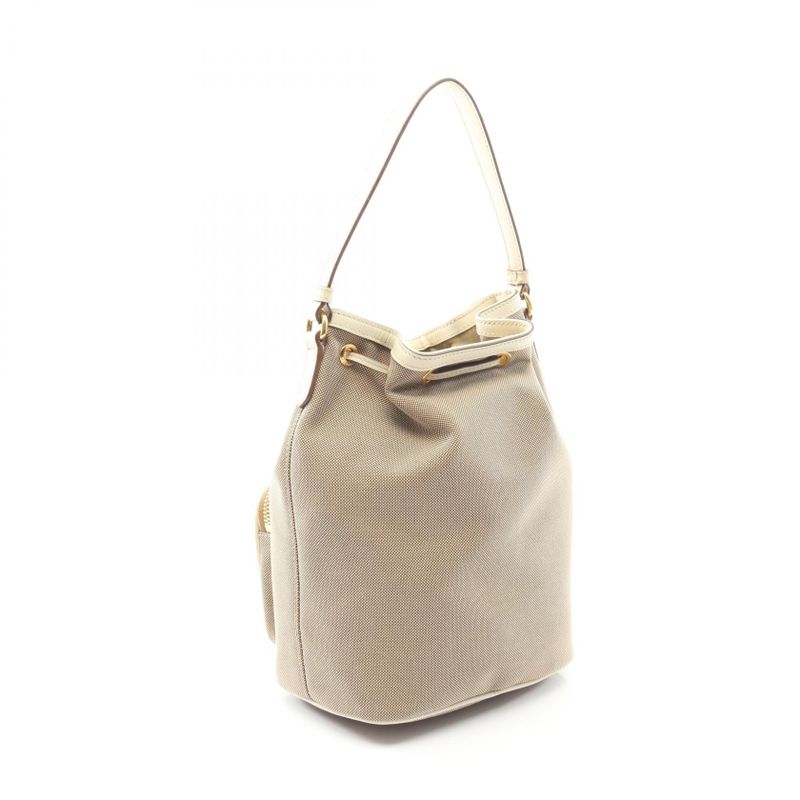 Prada Handbag Logo Jacquard Beige White Canvas Leather Bucket Bag — view 2